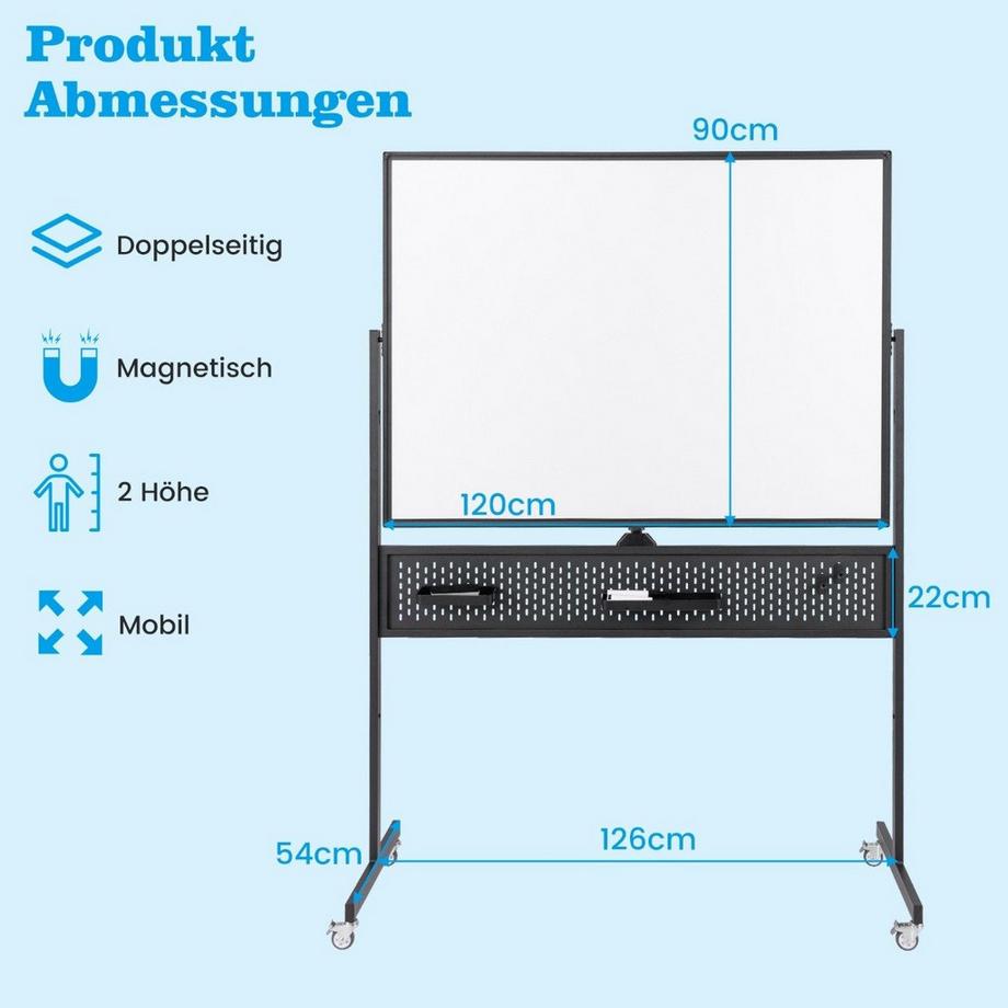 Northix  120 x 90 cm Doppelseitiges Mobiles Whiteboard mit Stecktafel & Rollen & Ständer Schwarz 