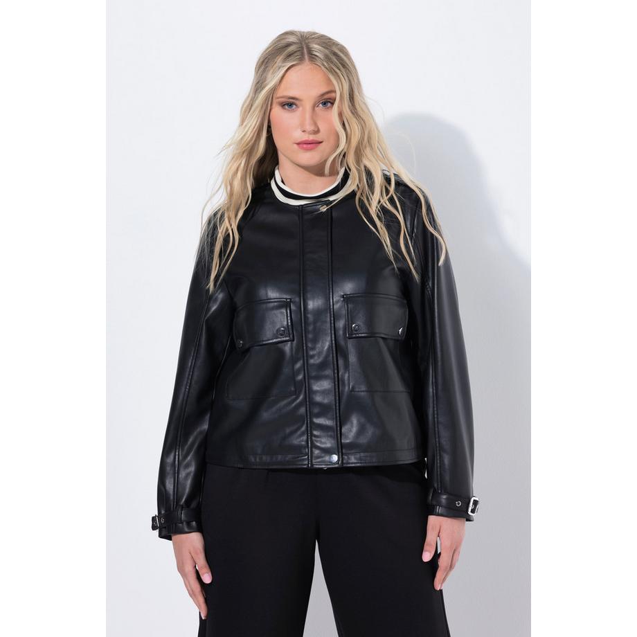 Ulla Popken Giacca Oversize in Similpelle con Scollo Rotondo e Cerniera a Doppio Cursore  