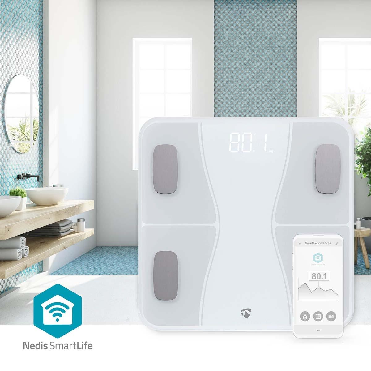 Nedis Bilance sanitarie SmartLife | Bluetooth® | BMI / BMR / Grasso / Muscoli / Ossatura / Water / Weight | 12 | Carico di picco: 180 kg | Android™ / IOS | ABS / Vetro | Bianco  
