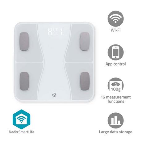 Nedis Bilance sanitarie SmartLife | Bluetooth® | BMI / BMR / Grasso / Muscoli / Ossatura / Water / Weight | 12 | Carico di picco: 180 kg | Android™ / IOS | ABS / Vetro | Bianco  