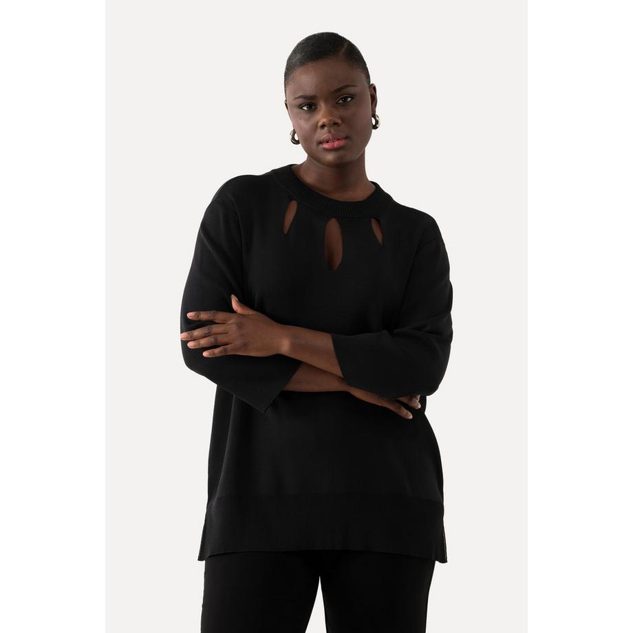 Ulla Popken Pull Découpes Col Montant Manches 3/4 Maille Côtes  