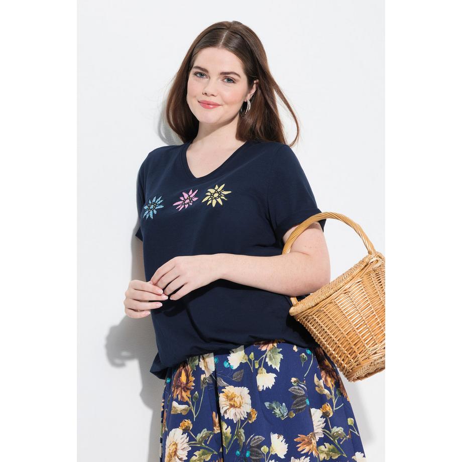 Ulla Popken T-Shirt Stickerei V-Ausschnitt Halbarm Gummisaum  