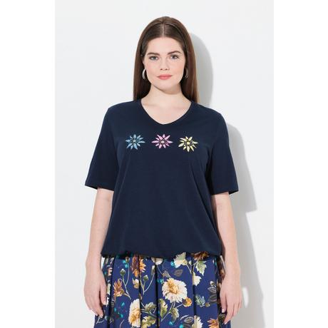 Ulla Popken T-shirt Ricamo Scollo a V Mezze Maniche Orlo Elastico  