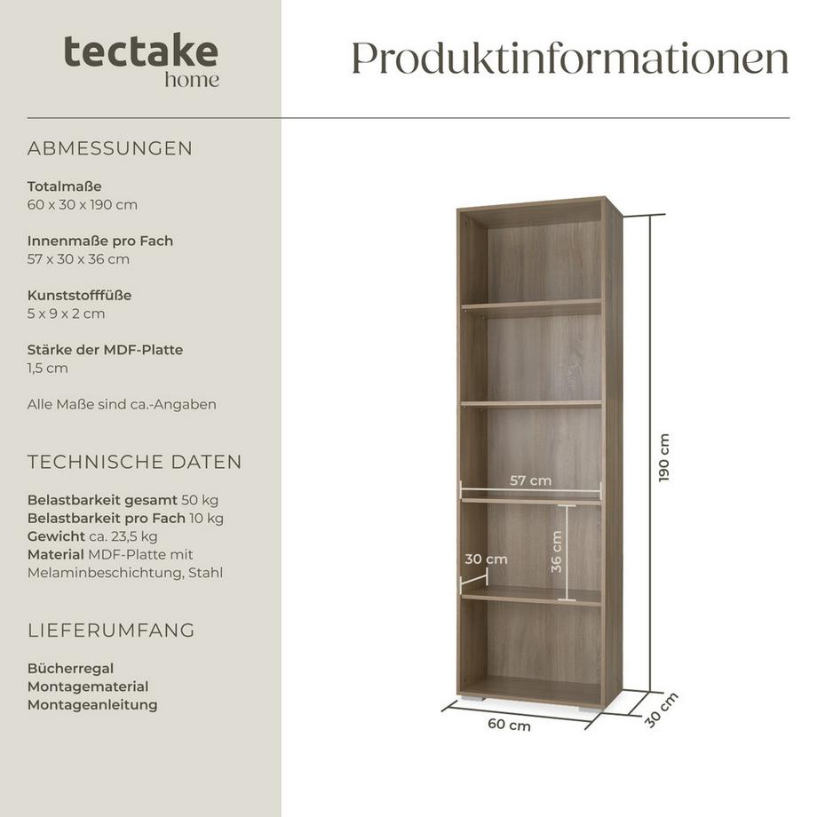 Tectake Bücherregal Lexi MDF mit 5 Fächern  