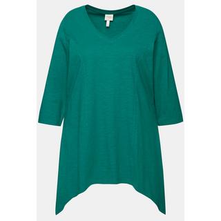 Ulla Popken  T-shirt, finition en pointe, col en V, manches 3/4, coton bio 