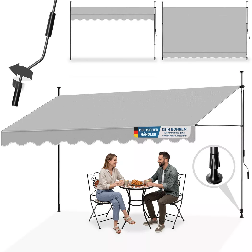 tectake® Klemmmarkise mit Handkurbel, ohne Bohren, UV-beständig, bis 90° neigbar, wasserabweisend