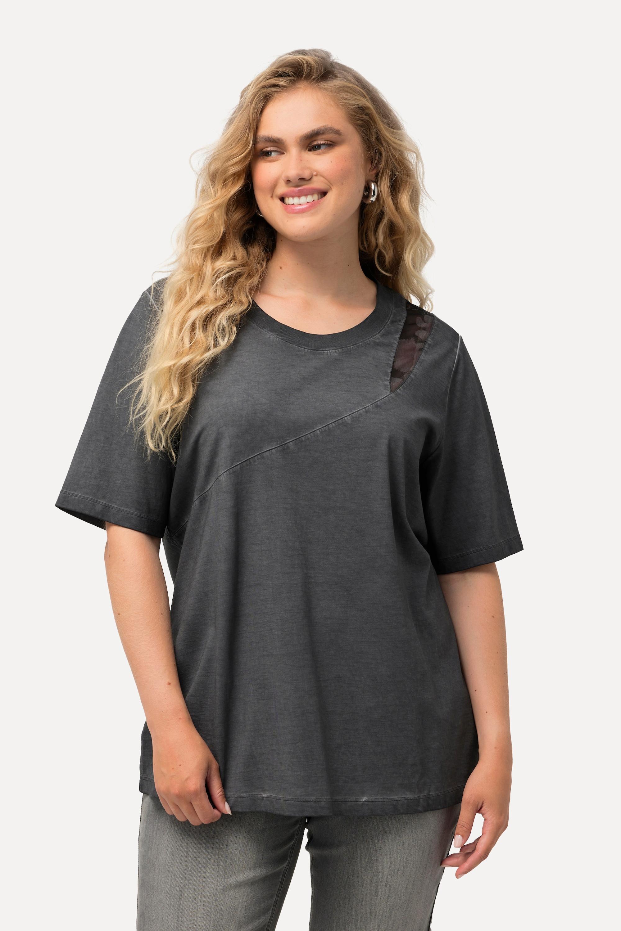 Ulla Popken  T-Shirt, cold dyed, Mesheinsatz, Rundhals, Langarm 