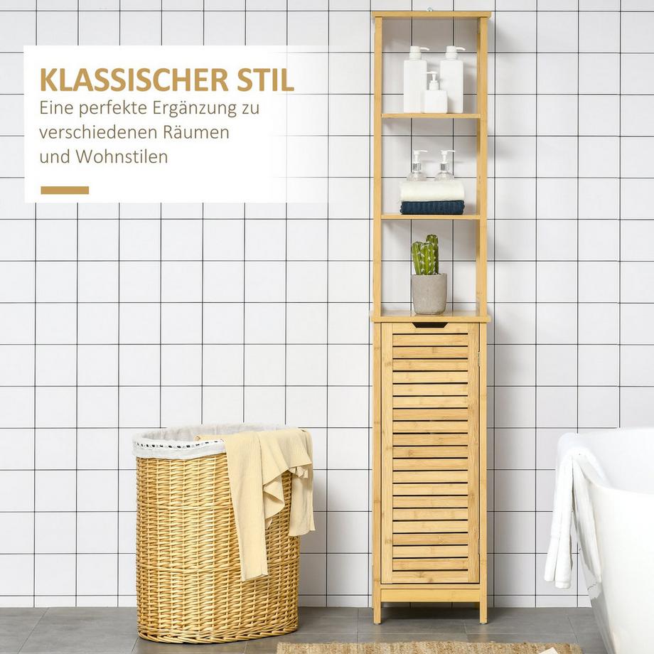 Northio  Badezimmerschrank Badschrank Mit 3 Offenen Fächer Und 1 Schrank, Badmöbel Freistehender Hochschrank Für Badezimmer, Kleine Räume, Natur 34 X 30 X 173 Cm 