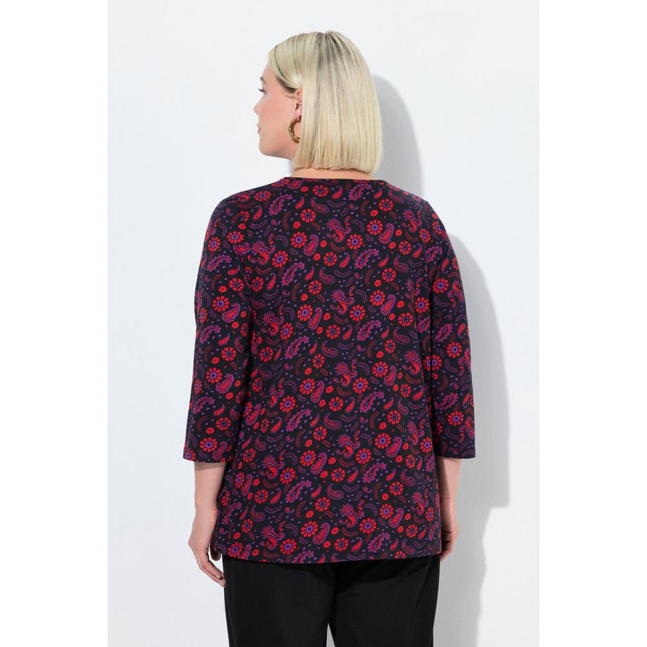 Ulla Popken A-Linie V-Ausschnitt 3/4 Arm Bedrucktes T-Shirt  