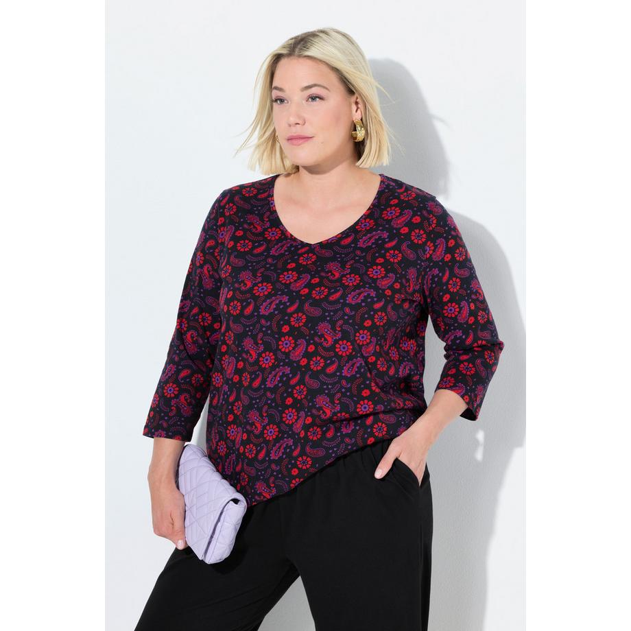 Ulla Popken A-Linie V-Ausschnitt 3/4 Arm Bedrucktes T-Shirt  