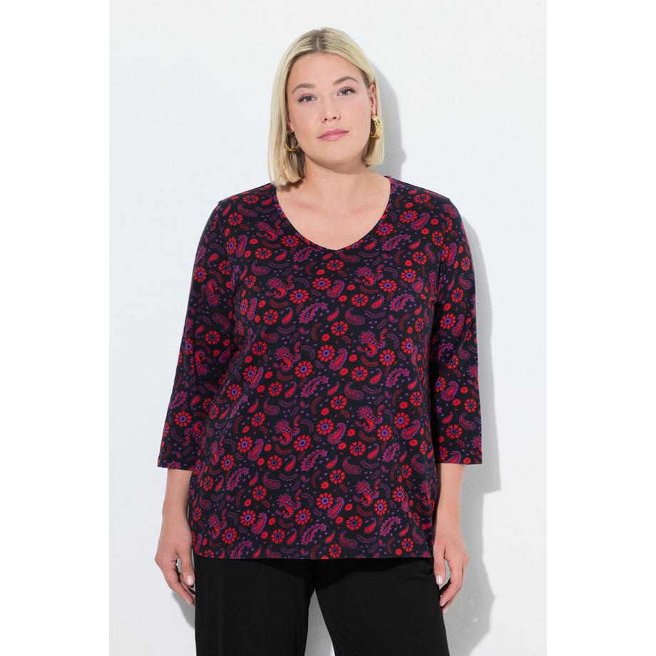 Ulla Popken A-Linie V-Ausschnitt 3/4 Arm Bedrucktes T-Shirt  