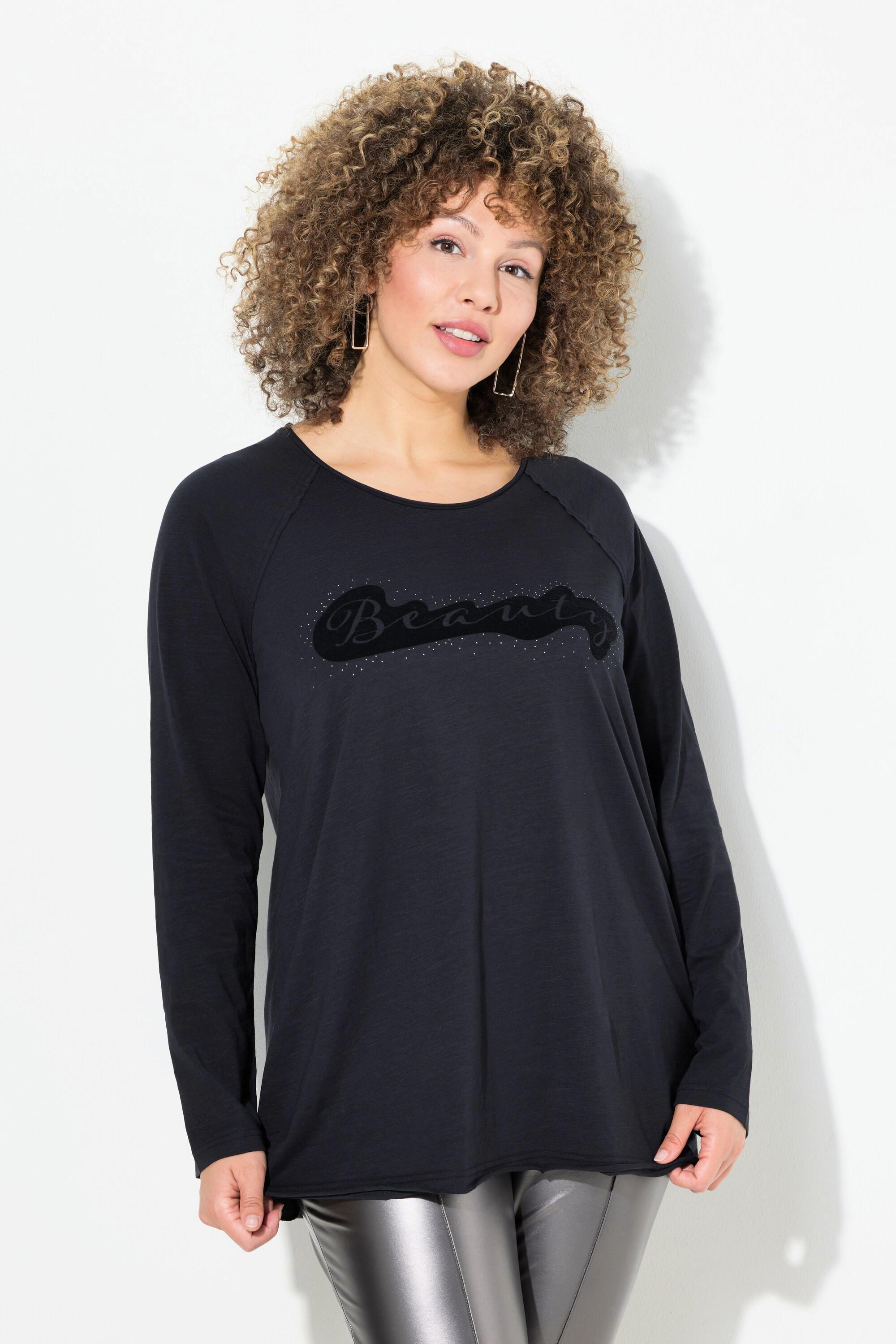 Ulla Popken  Shirt, Flockdruck, A-Linie, Rundhals, Langarm, offenkantig 