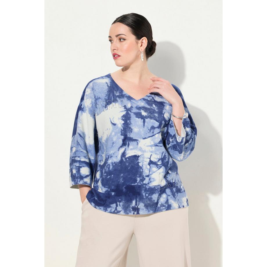 Ulla Popken Pullover Batikdruck Ziersteine V-Ausschnitt 3/4-Arm  