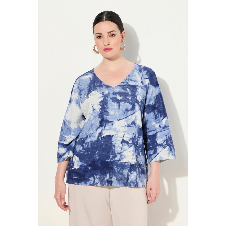 Ulla Popken Pullover Batikdruck Ziersteine V-Ausschnitt 3/4-Arm  
