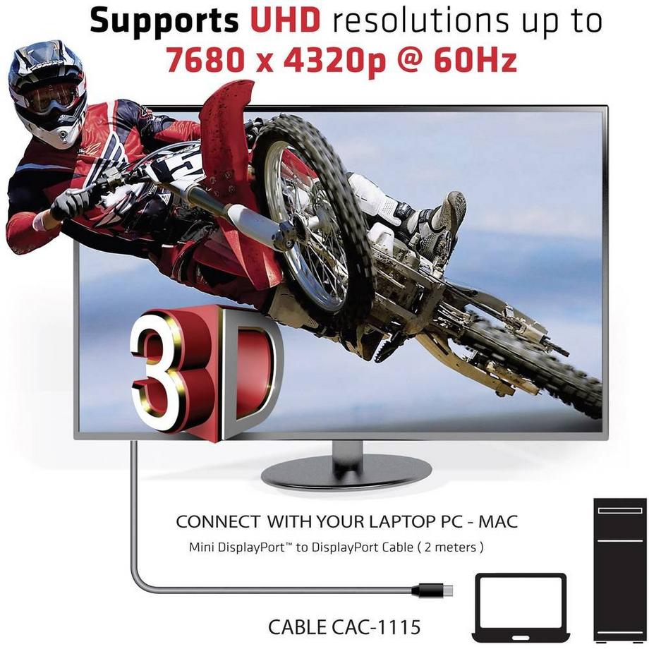 Club3D  Câble Club 3D Mini DisplayPort sur DisplayPort 1.4 HBR3 8K60Hz mâle mâle 2 mètres 