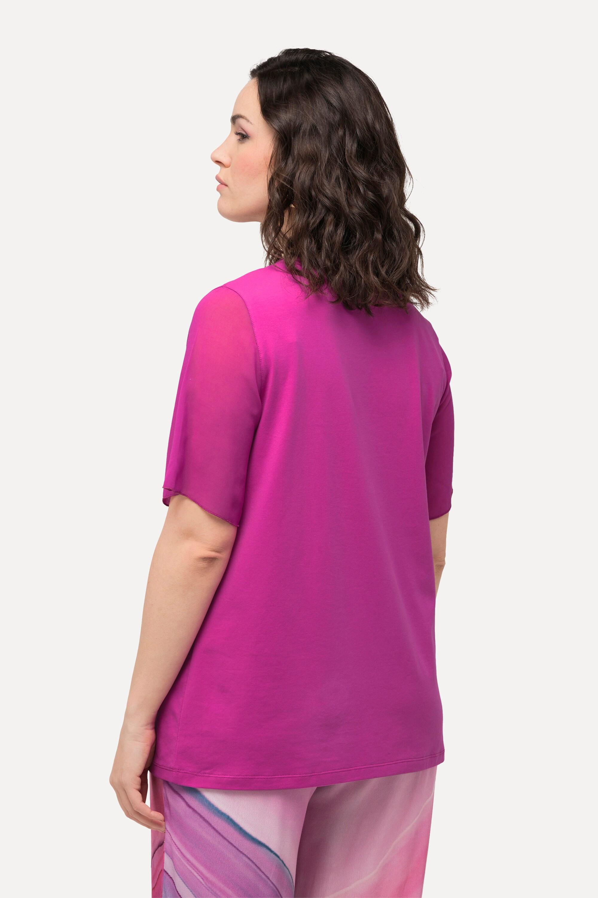 Ulla Popken  T-shirt con rifinitura di chiffon, scollo a V e mezze maniche di chiffon 