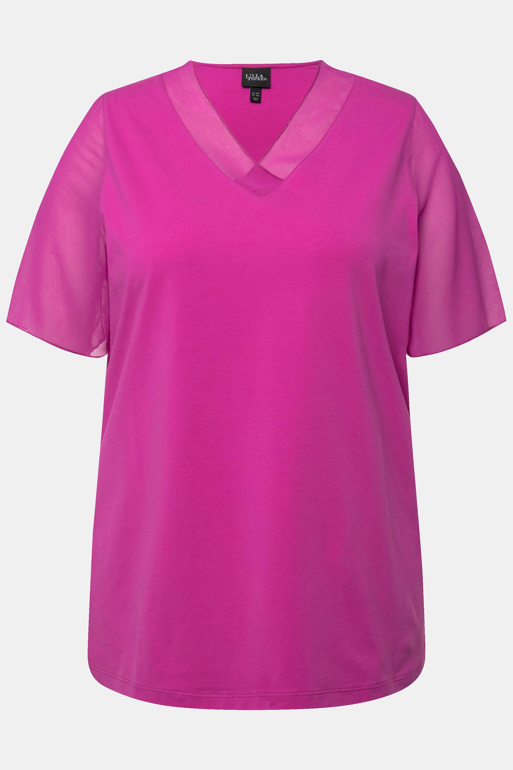 Ulla Popken  T-shirt con rifinitura di chiffon, scollo a V e mezze maniche di chiffon 