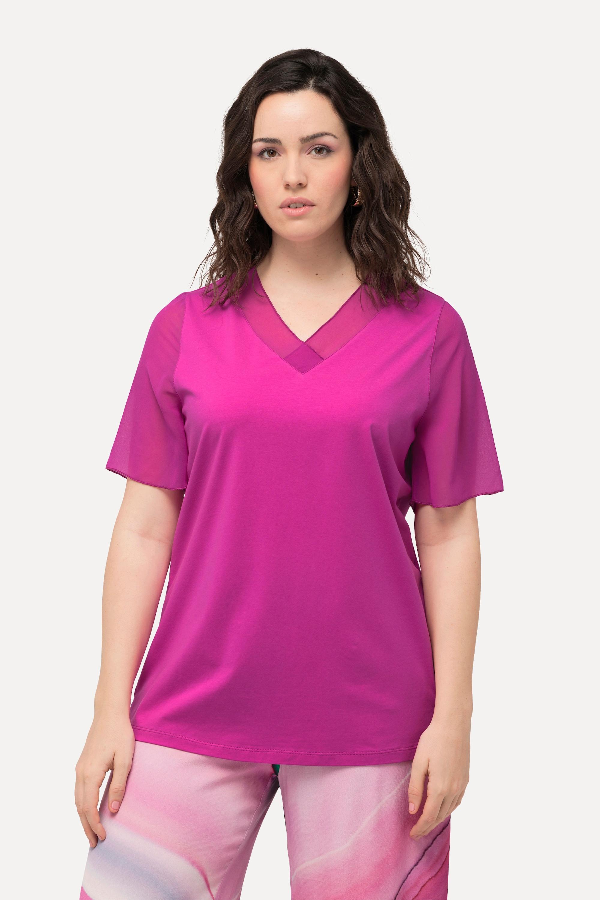 Ulla Popken  T-shirt con rifinitura di chiffon, scollo a V e mezze maniche di chiffon 