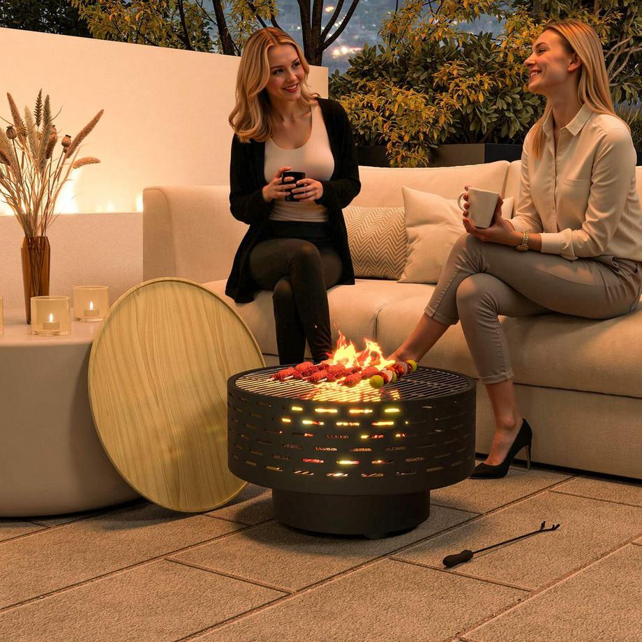 Northio Brasero 3 en 1 Ø60 x 39 cm en acier inoxydable avec grille de barbecue, protection contre les étincelles en aspect bois, brasero pour jardin, balcon, terrasse, barbecue en plein air, camping gris charbon  
