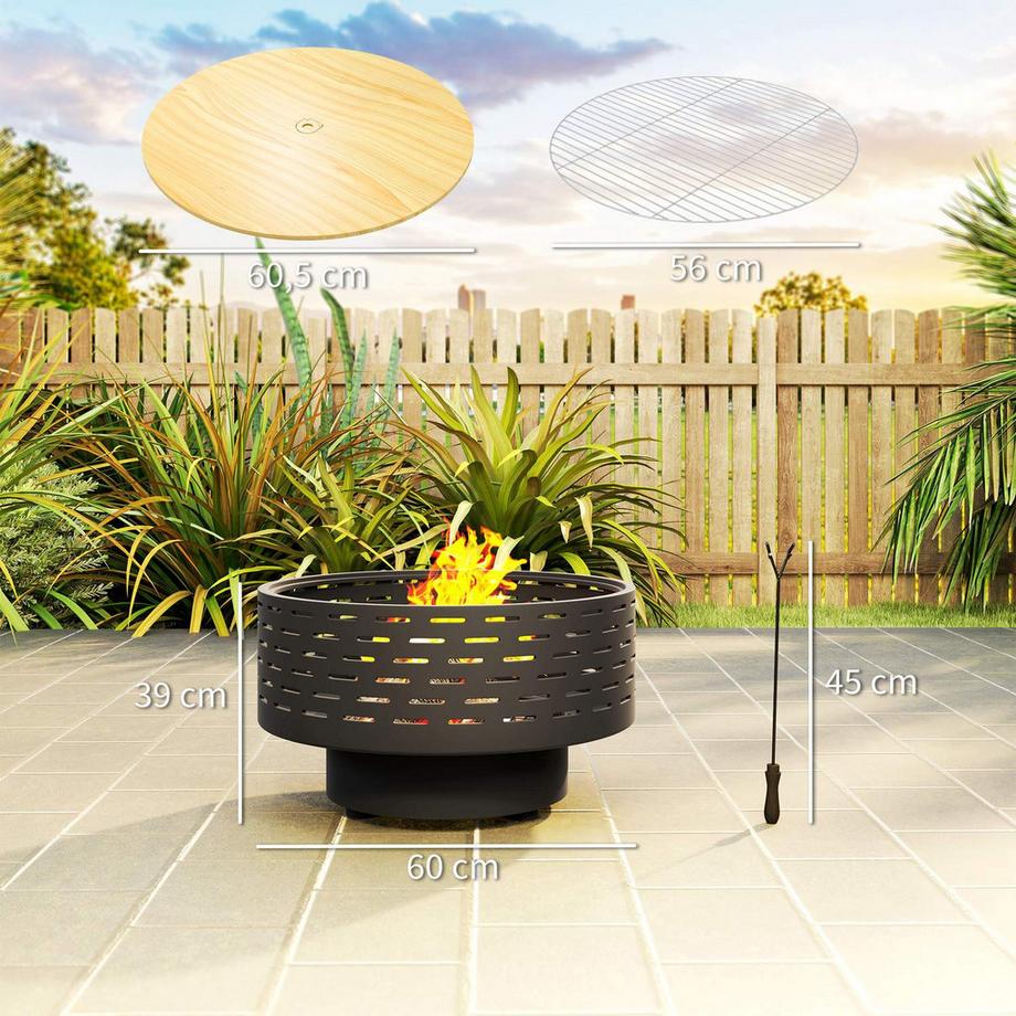 Northio Brasero 3 en 1 Ø60 x 39 cm en acier inoxydable avec grille de barbecue, protection contre les étincelles en aspect bois, brasero pour jardin, balcon, terrasse, barbecue en plein air, camping gris charbon  
