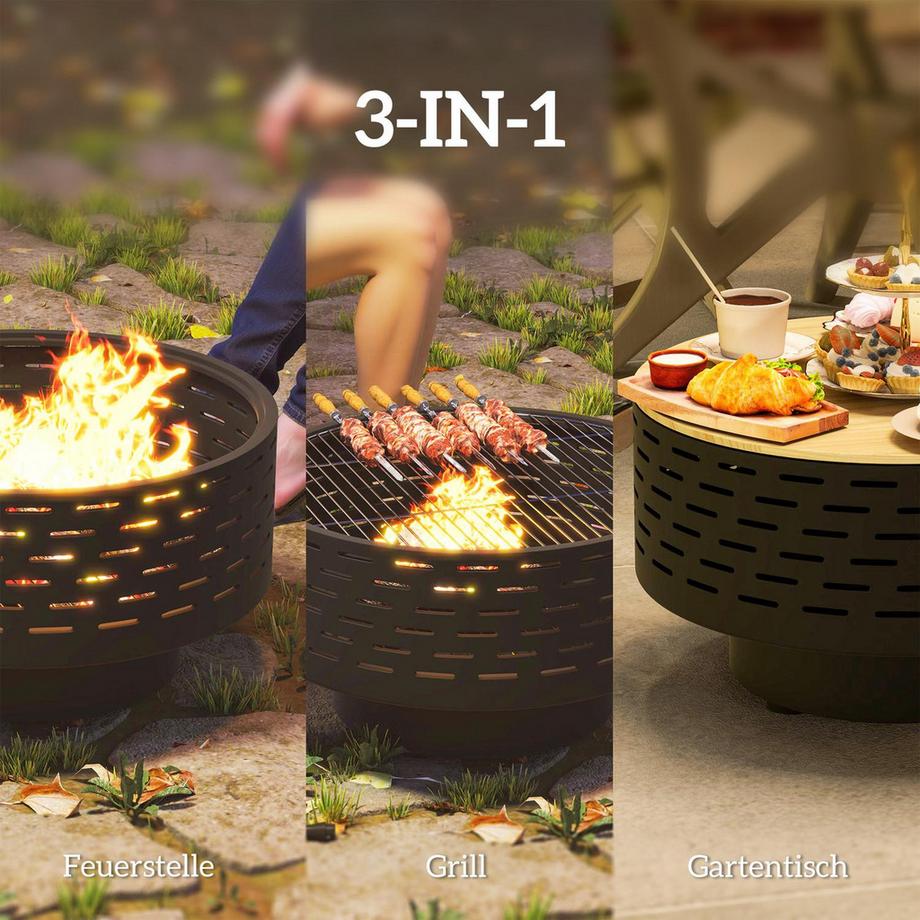 Northio Brasero 3 en 1 Ø60 x 39 cm en acier inoxydable avec grille de barbecue, protection contre les étincelles en aspect bois, brasero pour jardin, balcon, terrasse, barbecue en plein air, camping gris charbon  