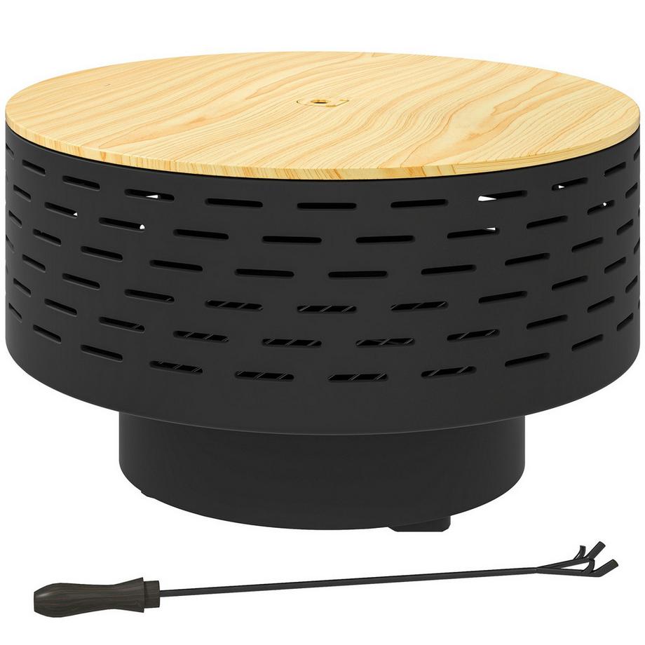 Brasero 3 en 1 Ø60 x 39 cm en acier inoxydable avec grille de barbecue, protection contre les étincelles en aspect bois, brasero pour jardin, balcon, terrasse, barbecue en plein air, camping gris charbon