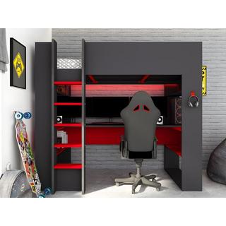 Vente-unique Hochbett mit GamingSchreibtisch Stauraum mit LEDs NOAH  