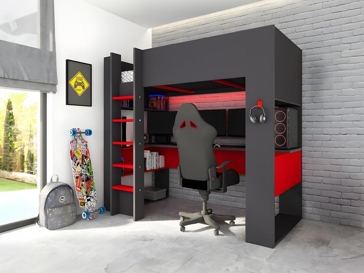 Vente-unique Hochbett mit GamingSchreibtisch Stauraum mit LEDs NOAH  