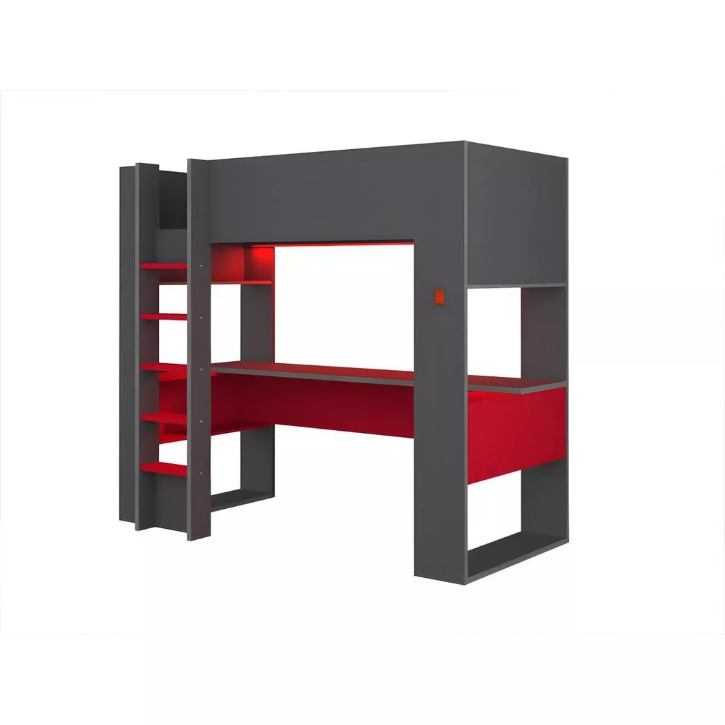 Vente-unique - Lit mezzanine gamer NOAH avec bureau rangements intégrés Avec LEDs, 90x200 cm, Anthracite