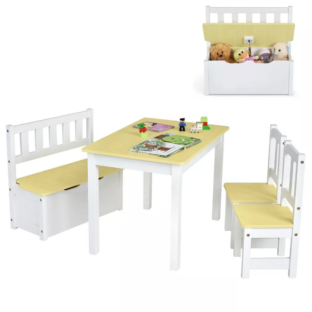 B2X - 4-teiliges Tisch- und Stuhl-Set für Kinder 2 in 1 Set aus Holz für Kleinkinder Natur + Weiß, 80cm
