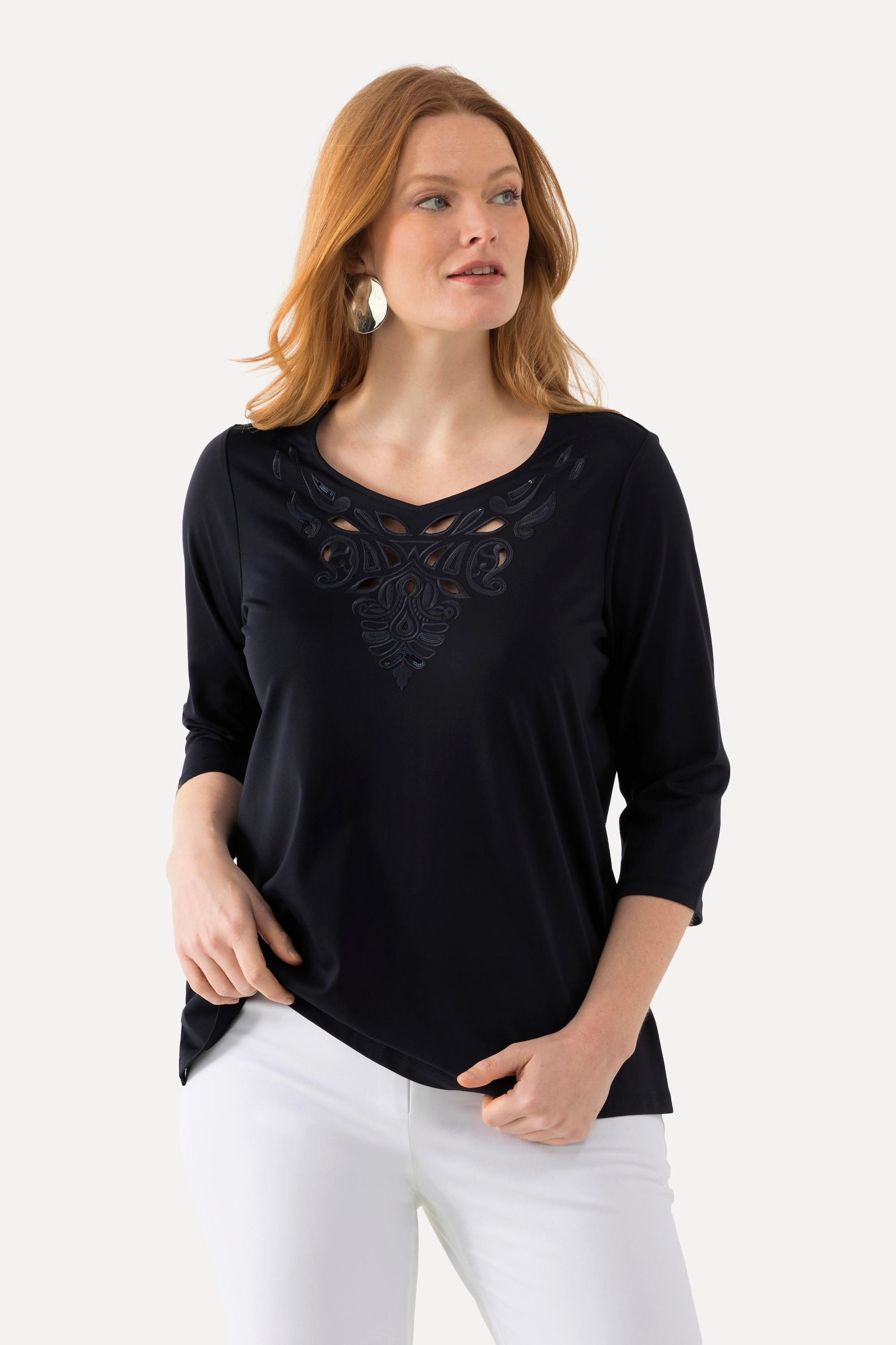 Ulla Popken  Shirt, Stickerei, Classic, Herzausschnitt, 3/4-Arm 