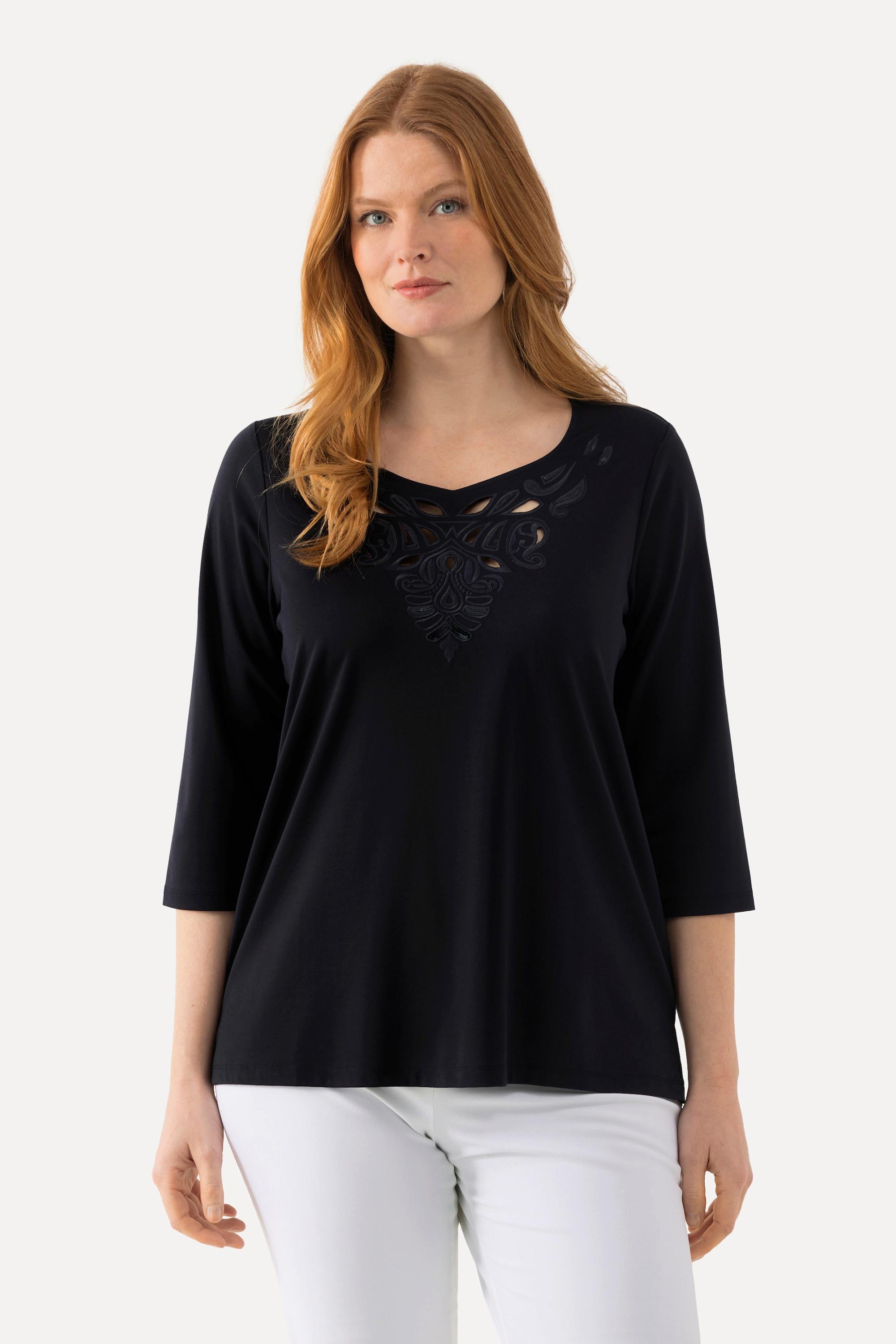 Ulla Popken  Shirt, Stickerei, Classic, Herzausschnitt, 3/4-Arm 