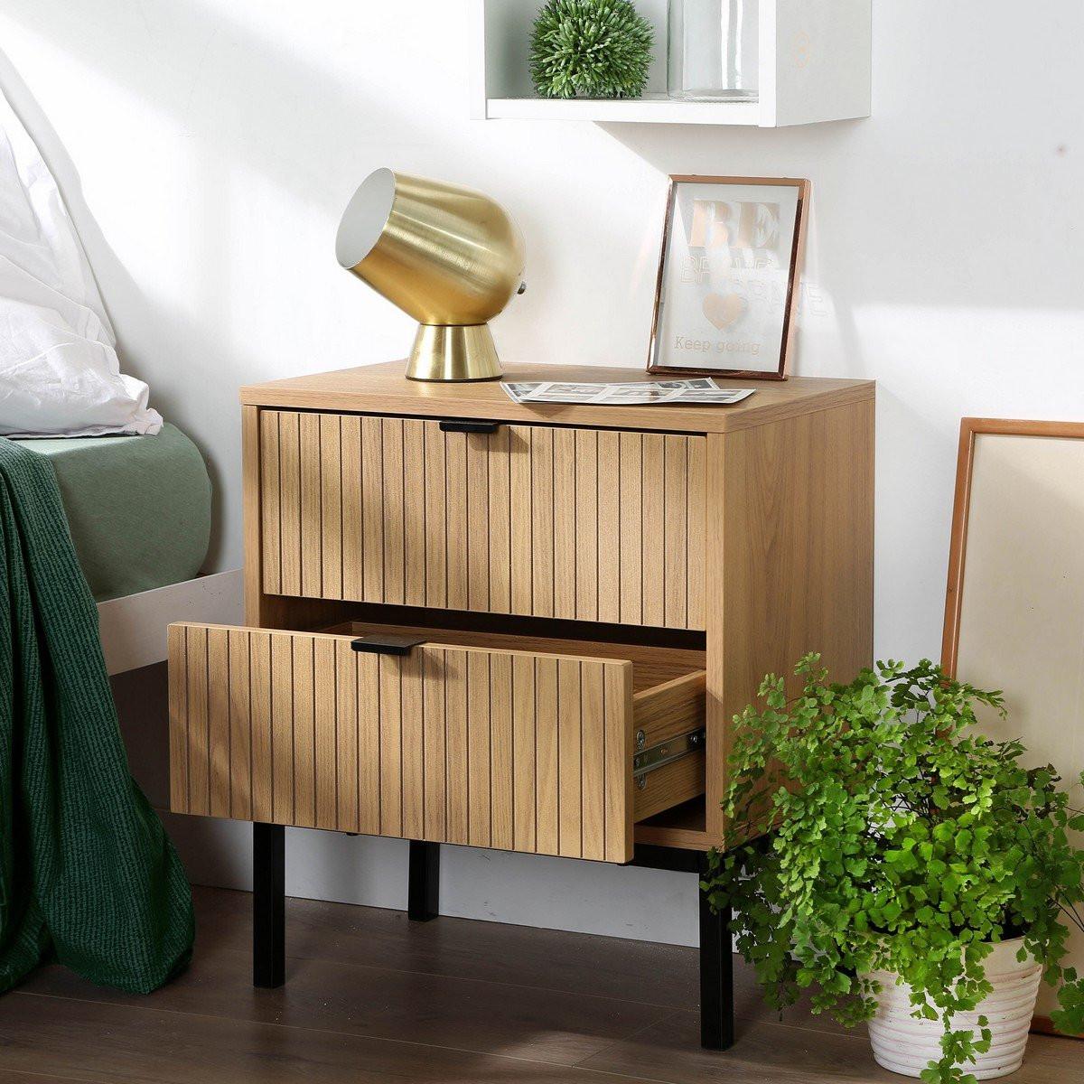 Calicosy Table de Chevet 2 Tiroirs Effet Bois Rainuré H51cm - TARA  