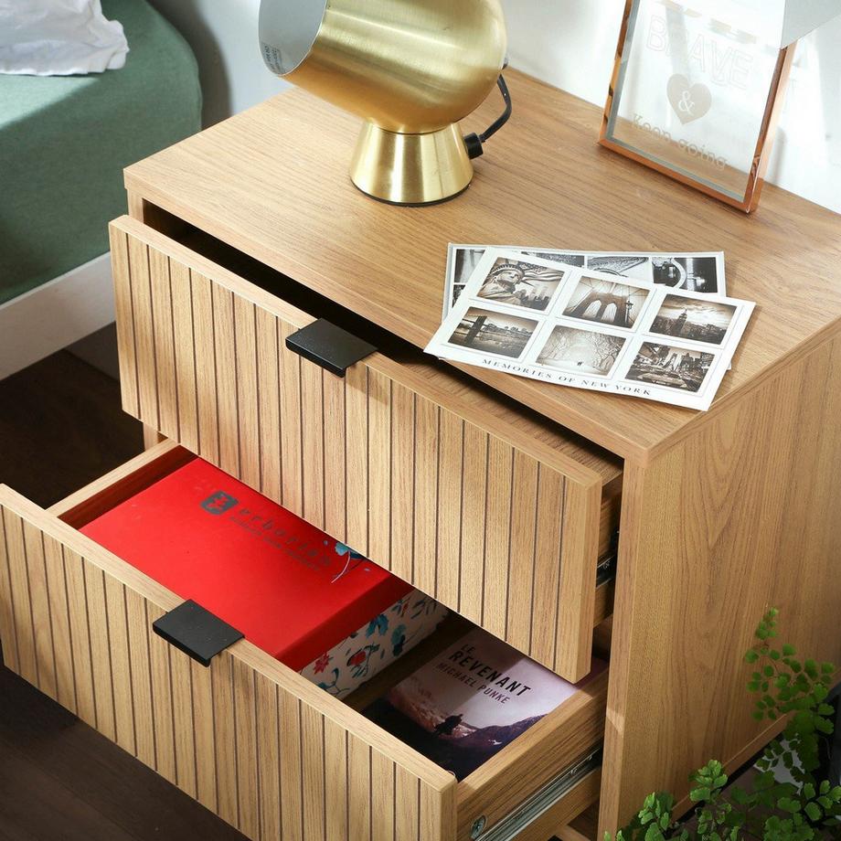 Calicosy Nachttisch 2 Schubladen Effekt Holz mit Rillen - H51cm  