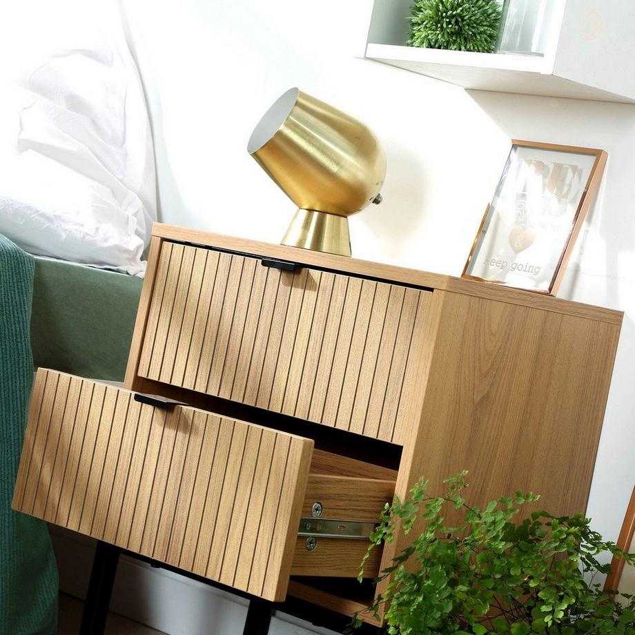 Calicosy Nachttisch 2 Schubladen Effekt Holz mit Rillen - H51cm  