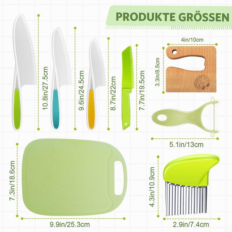 Activity-board  Kindermesser 9-teiliges Kinder-Küchenmesser-Set zum Schneiden und Kochen von Obst oder Gemüse für Kleinkinder, Sicherheits-Holzmesser-Schneidebrett-Schälmesser 