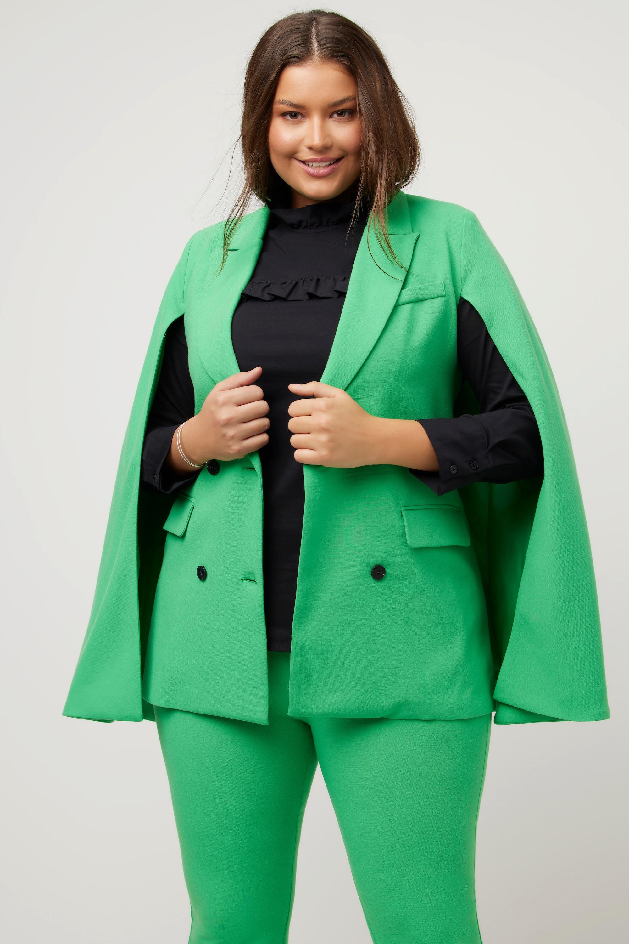 Ulla Popken  Blazer et cape, ligne en A, col à revers, deux rangées de boutons. 