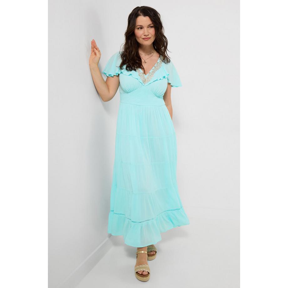 Besticktes Maxikleid mit gesmoktem Oberteil