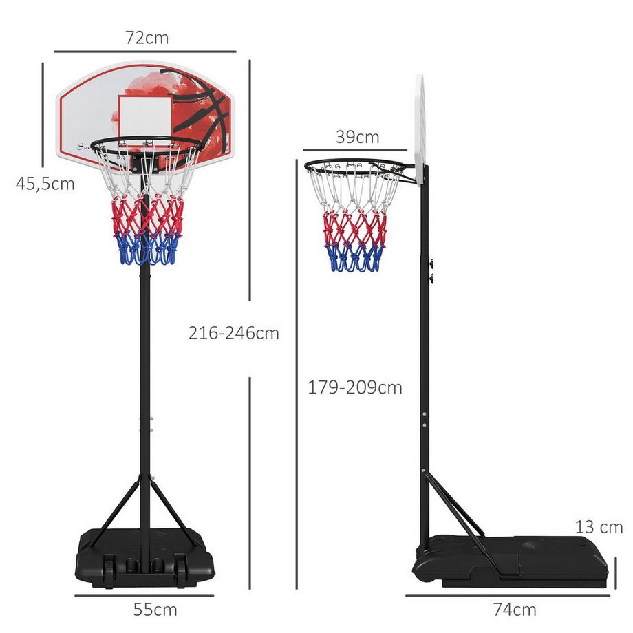 Northio Canestro da basket con supporto, supporto da basket regolabile in altezza 179-209 cm con ruote, supporto per sistema basket, esterno, acciaio, multicolore  