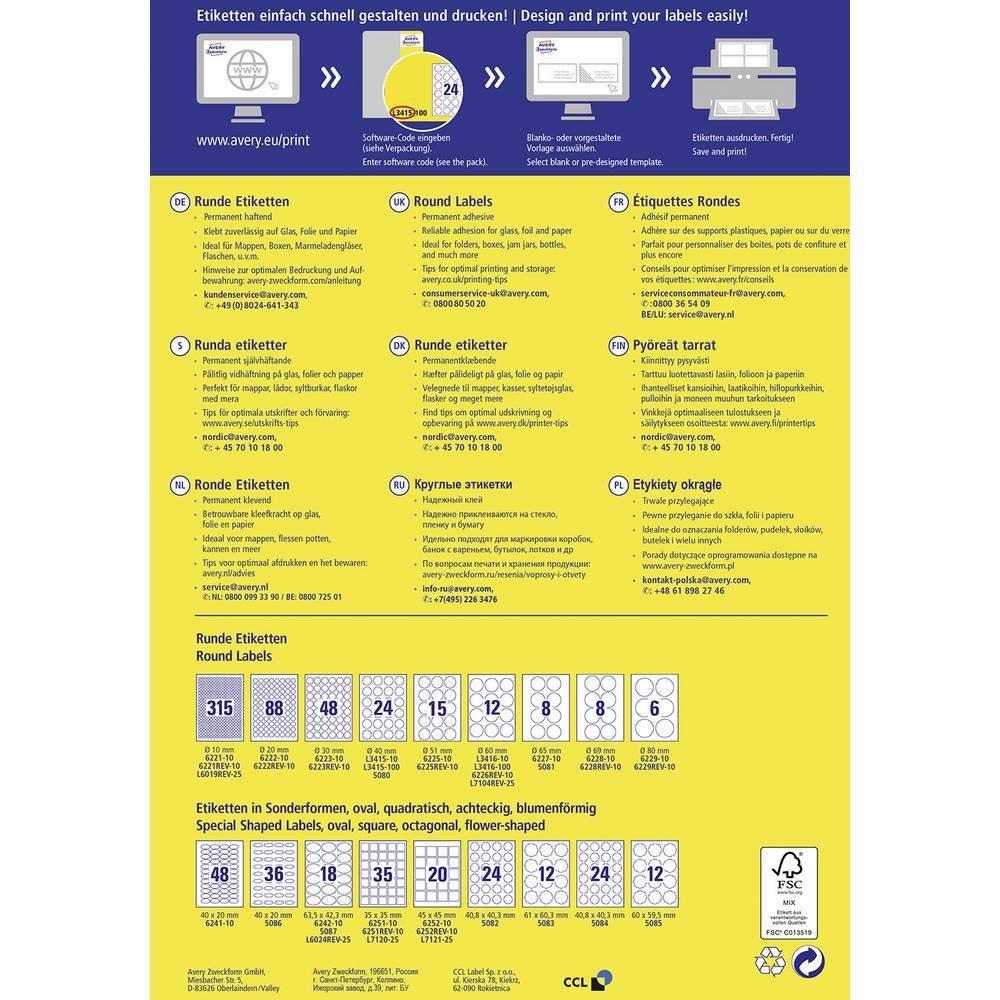 Avery-Zweckform Universal-Etiketten Ø 60 mm Papier Weiß 1200 St. Permanent haftend Tintenstrahldrucker  