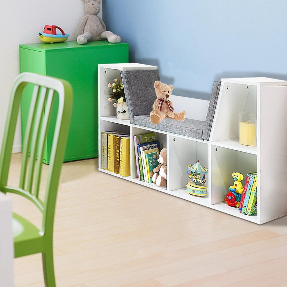 Northix Libreria per bambini in legno con cuscini e scaffale a cubo da parete posteriore 102,5 x 30 x 63,5 cm bianco  