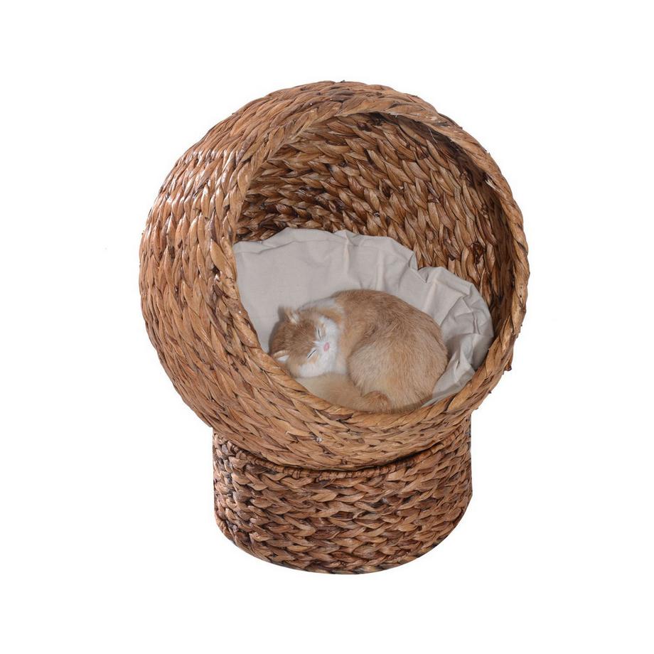 Northio  Rattan Katzenhöhle Katzenbett Mit Kissen, Wasserhyazinthe Haustierbett, Hellbraun, 50X42X60Cm 