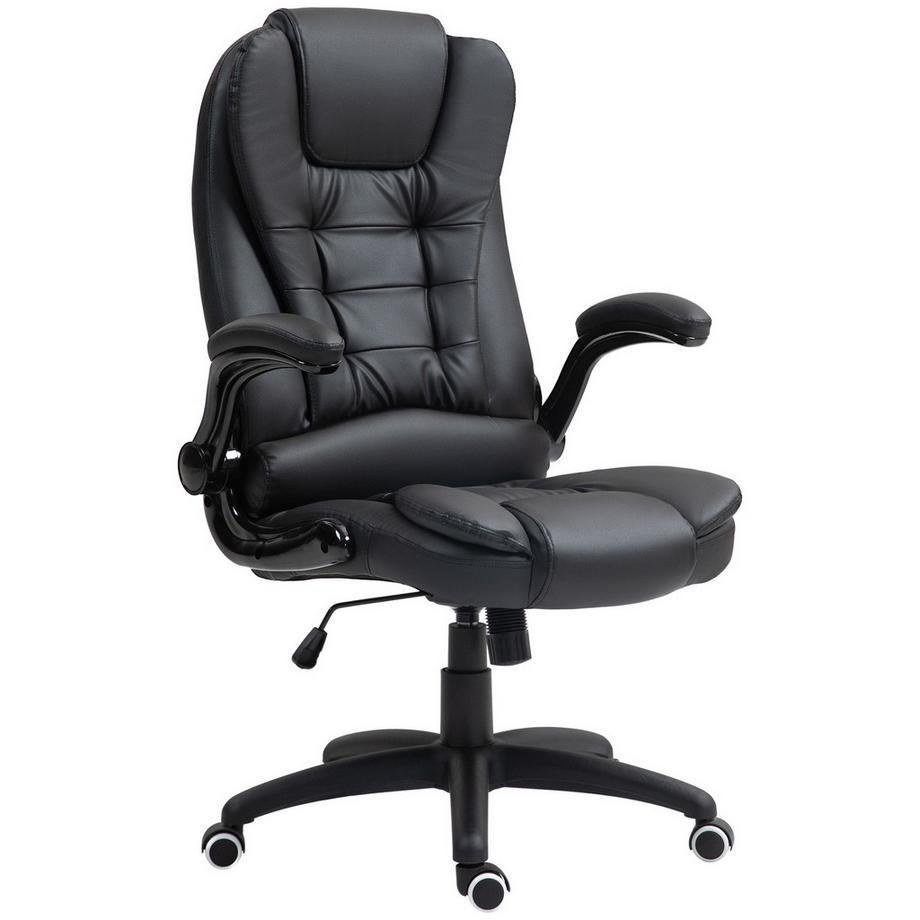 Bürostuhl, Ergonomisch Chefsessel mit Wippfunktion, Hochklappbare Armlehne, Höhenverstellbar Schreibtischstuhl mit Drehfunktion für Home-Office, Kunstleder, Schwarz