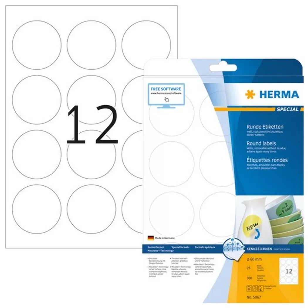 HERMA – Rund-Etiketten 60mm 5067 weiss 300 St./25 Blatt, One Size