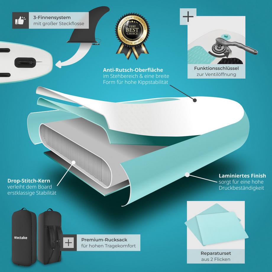 Tectake  Stand-Up Paddle Board  2in1, aus Drop-Stitch Material aufblasbar, stabil, leicht und rutschfest 