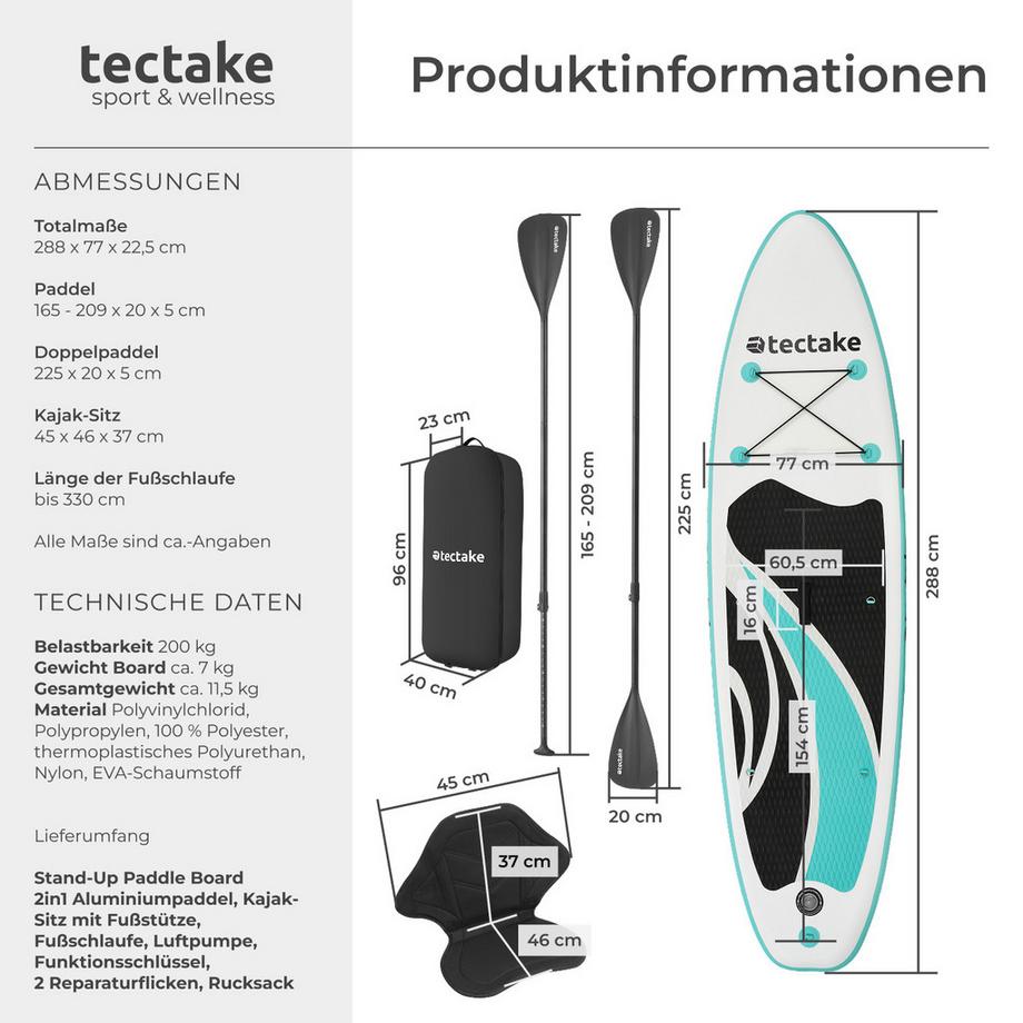 Tectake  Stand-Up Paddle Board  2in1, aus Drop-Stitch Material aufblasbar, stabil, leicht und rutschfest 