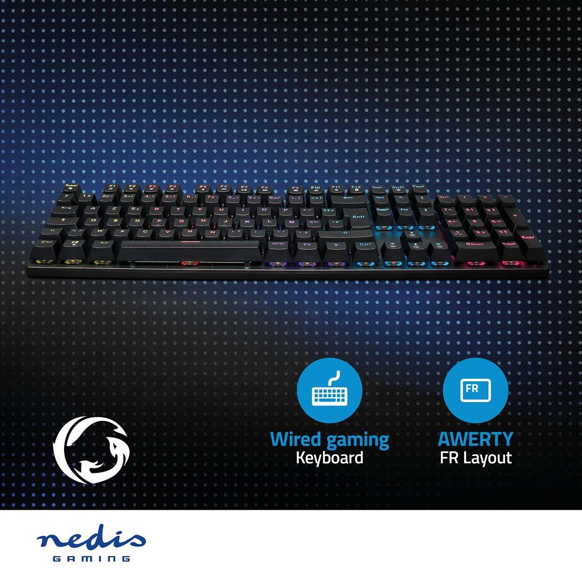 Nedis  Tastiera da gioco cablata | USB Type-A | Tasti meccanici | LED | AZERTY | Layout FR | Alimentazione USB | Lunghezza cavo di alimentazione: 1,50 m | Gioco 