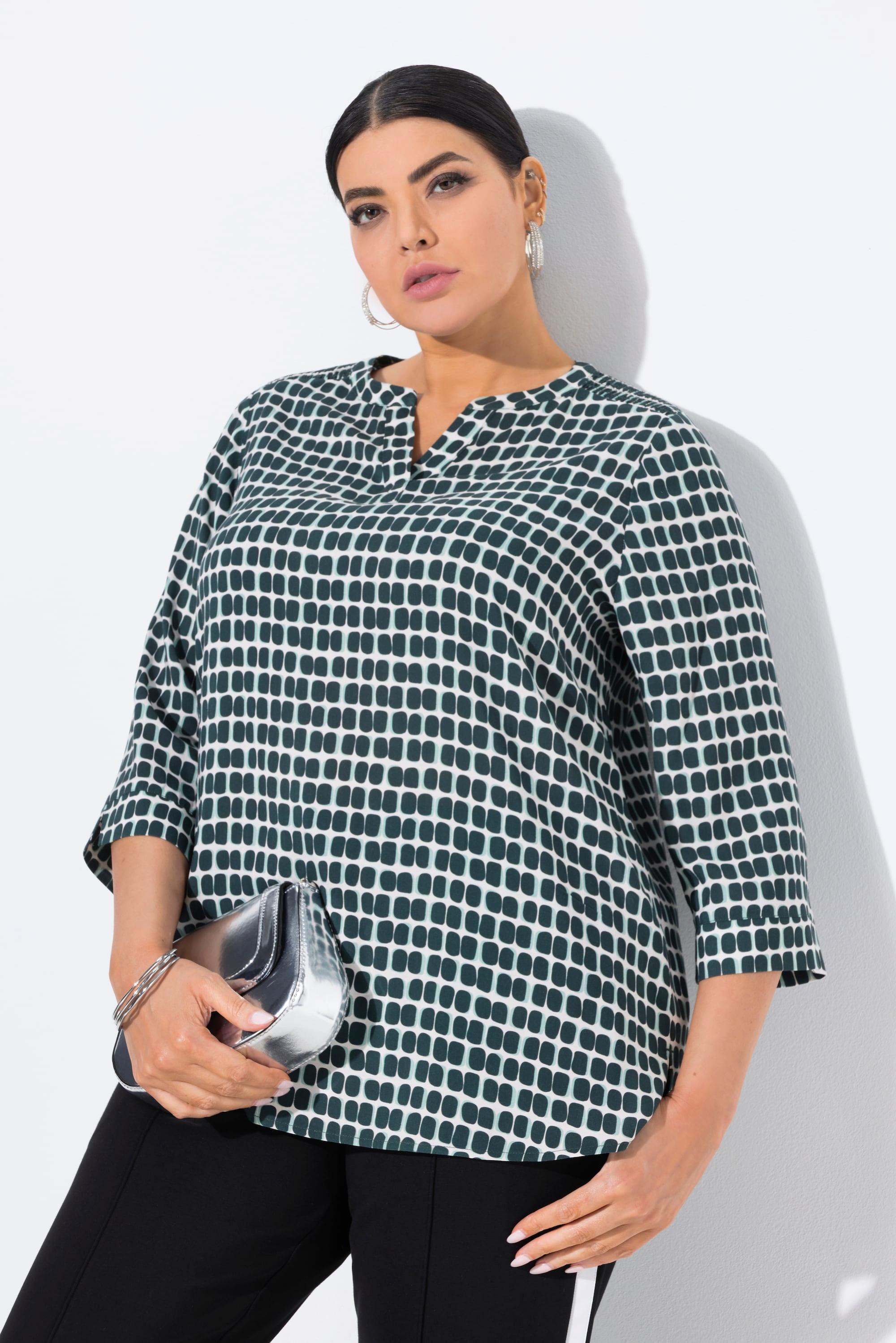 Ulla Popken Raso Spalle Punto Smock Scollo Tunica Maniche 3/4 Blusa  