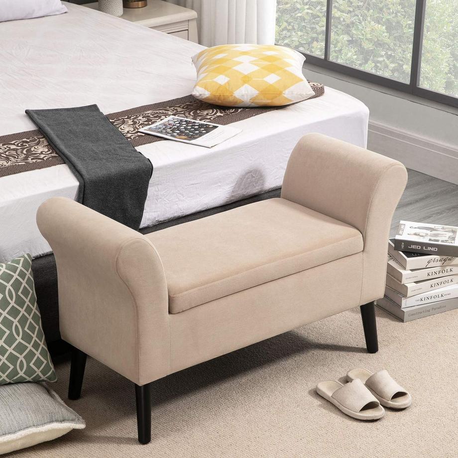 Northio Banc De Salon Moderne Rembourré Avec Espace De Rangement, Polyester Velouté, Bois D'Hévéa, Accoudoirs, 115,5 X 43,5 X 66 Cm  