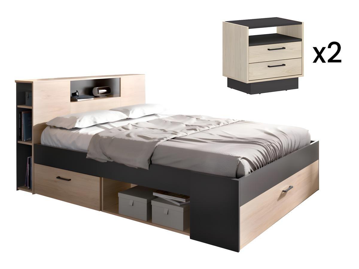 Vente-unique Letto con testata con vani portaoggetti e cassetti 140 x 190 cm Naturale e Antracite + Comodini - LEANDRE  